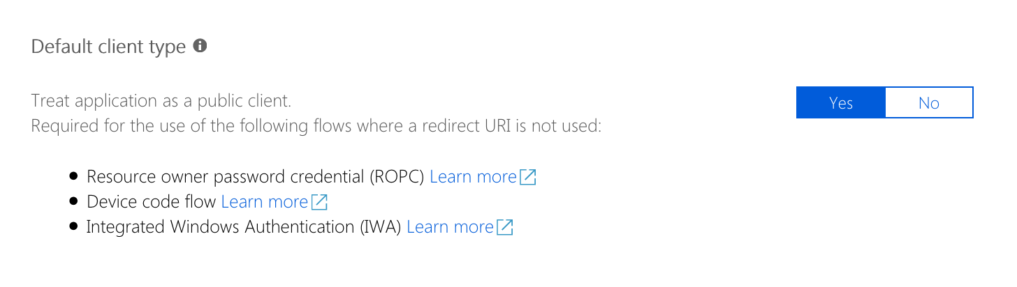 The &#39;public client&#39; enabled for an Azure AD application